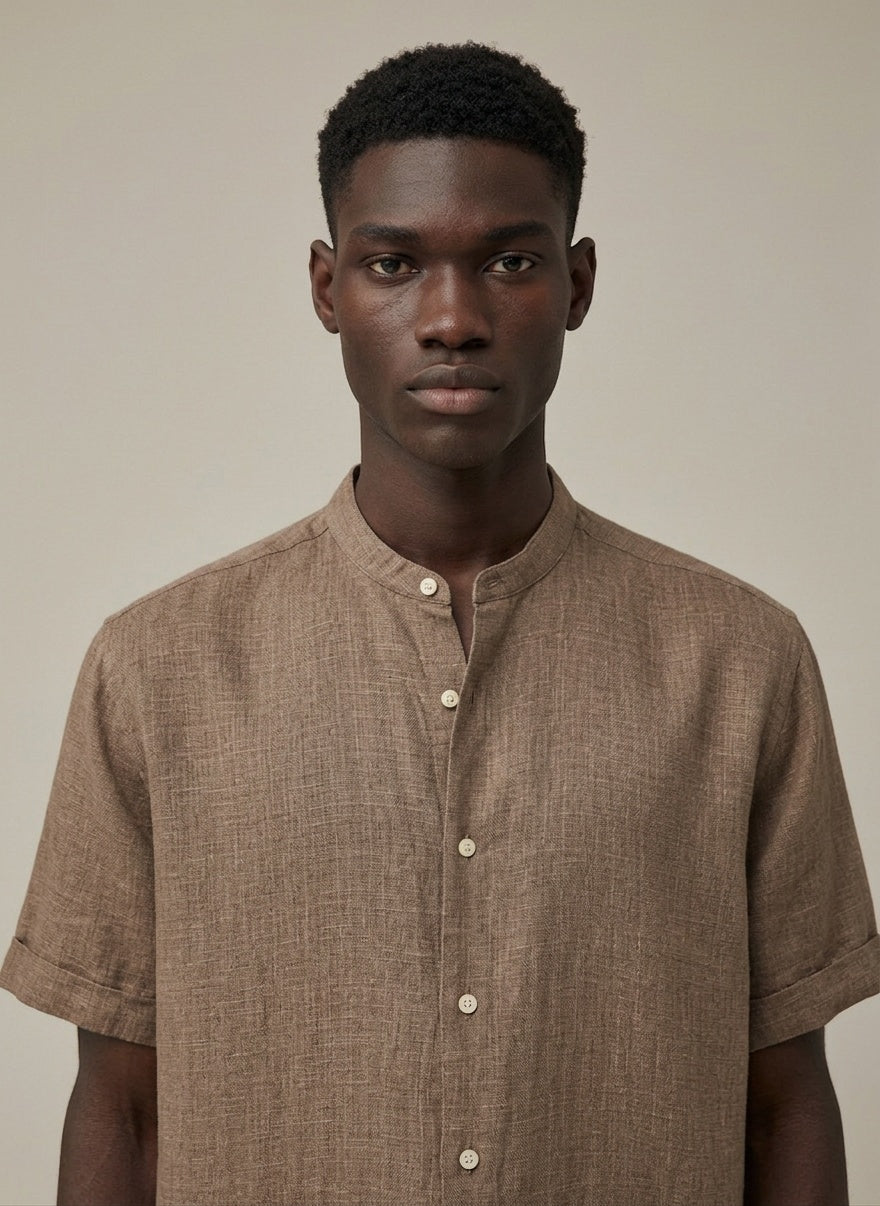 Close-up of the model wearing The Machu Picchu Shirt